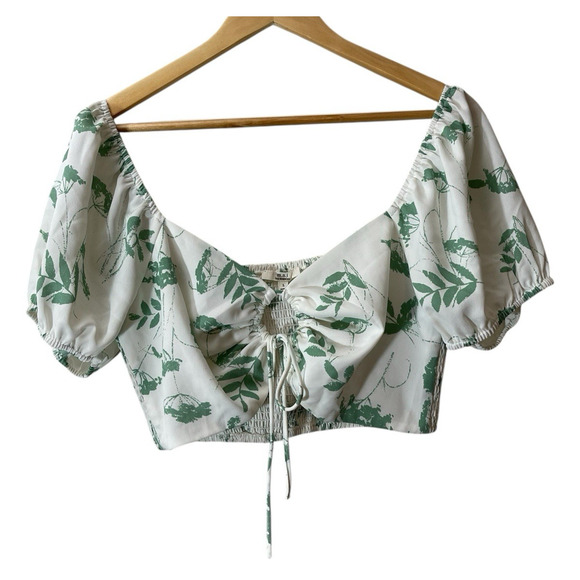 Milkmaid Boho Puff Sleeve Crop Blouse Leaf Print Ruched Tie Front Cottagecore - Picture 1 of 3